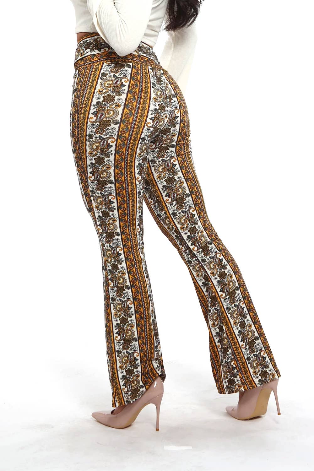 Brown boho printing high waist soft stretch flare pants