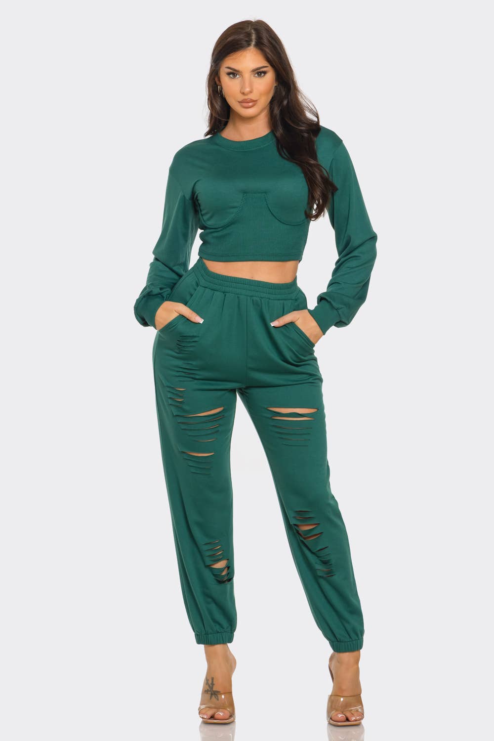 Round Neck Solid Top And Laser Cut Pants Set: Hunter Green