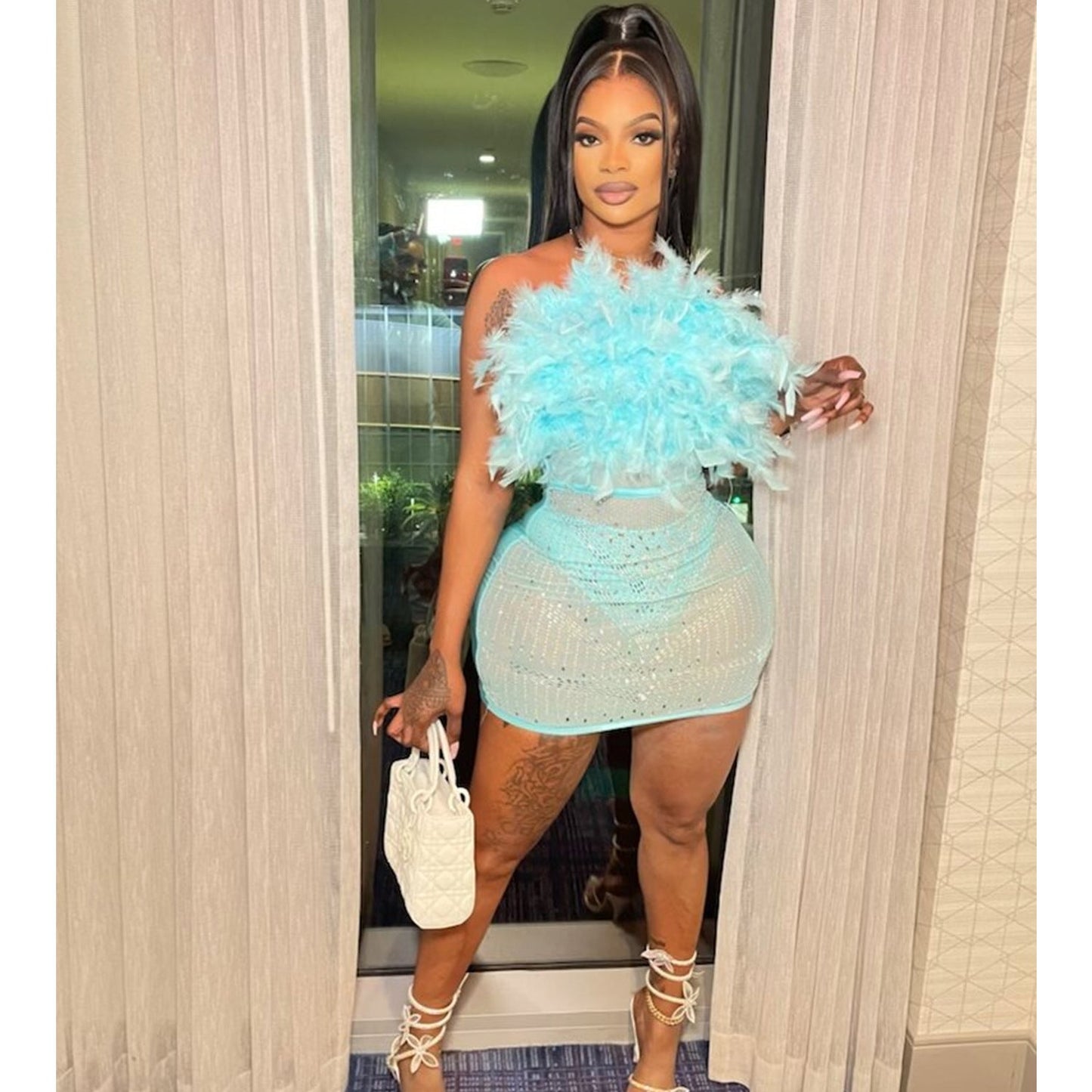Summer Women Clothing Sexy Feather Mesh Drilling Chest Wrapped Dress Women