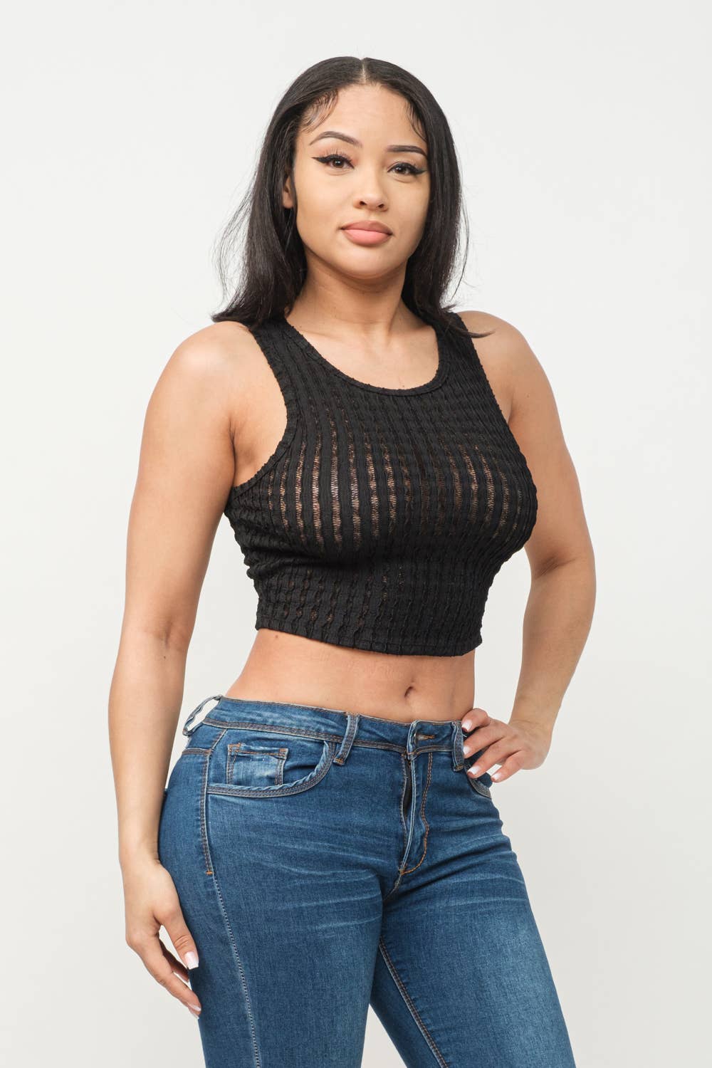 See Through Wavy Texture Knitted Crop Tank Top: Black