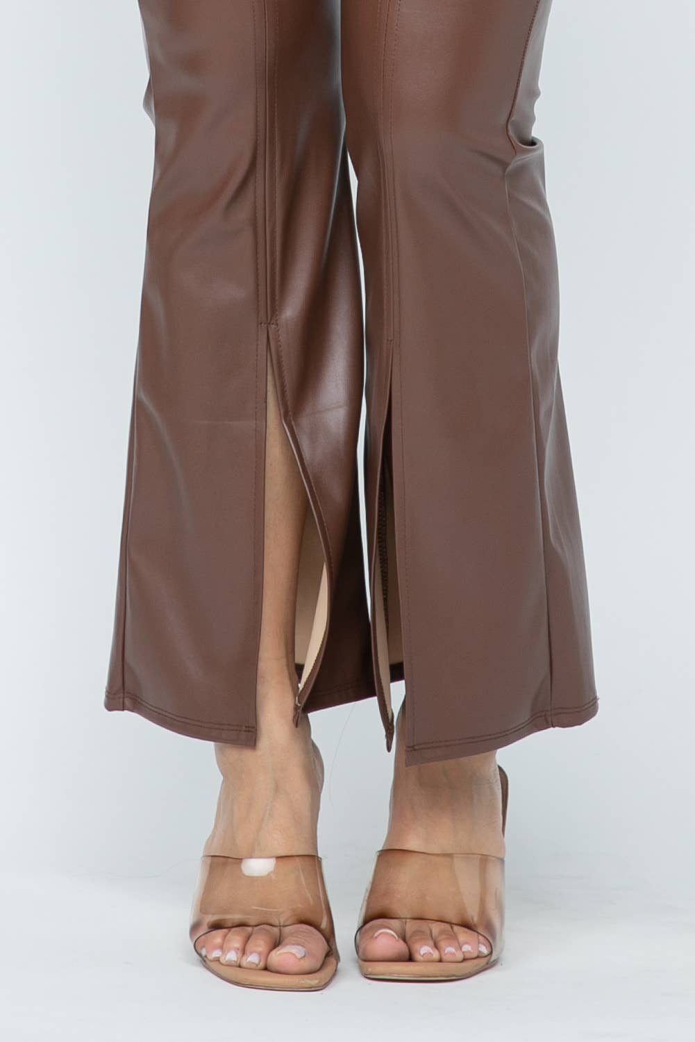 Pu Leather High Waisted Front Slit Hem Back Zipper Pants: Coffee