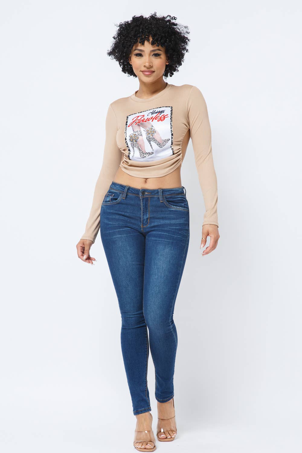 Shoes Patch Open Back Tie Long Sleeve Crop Top: Mocha