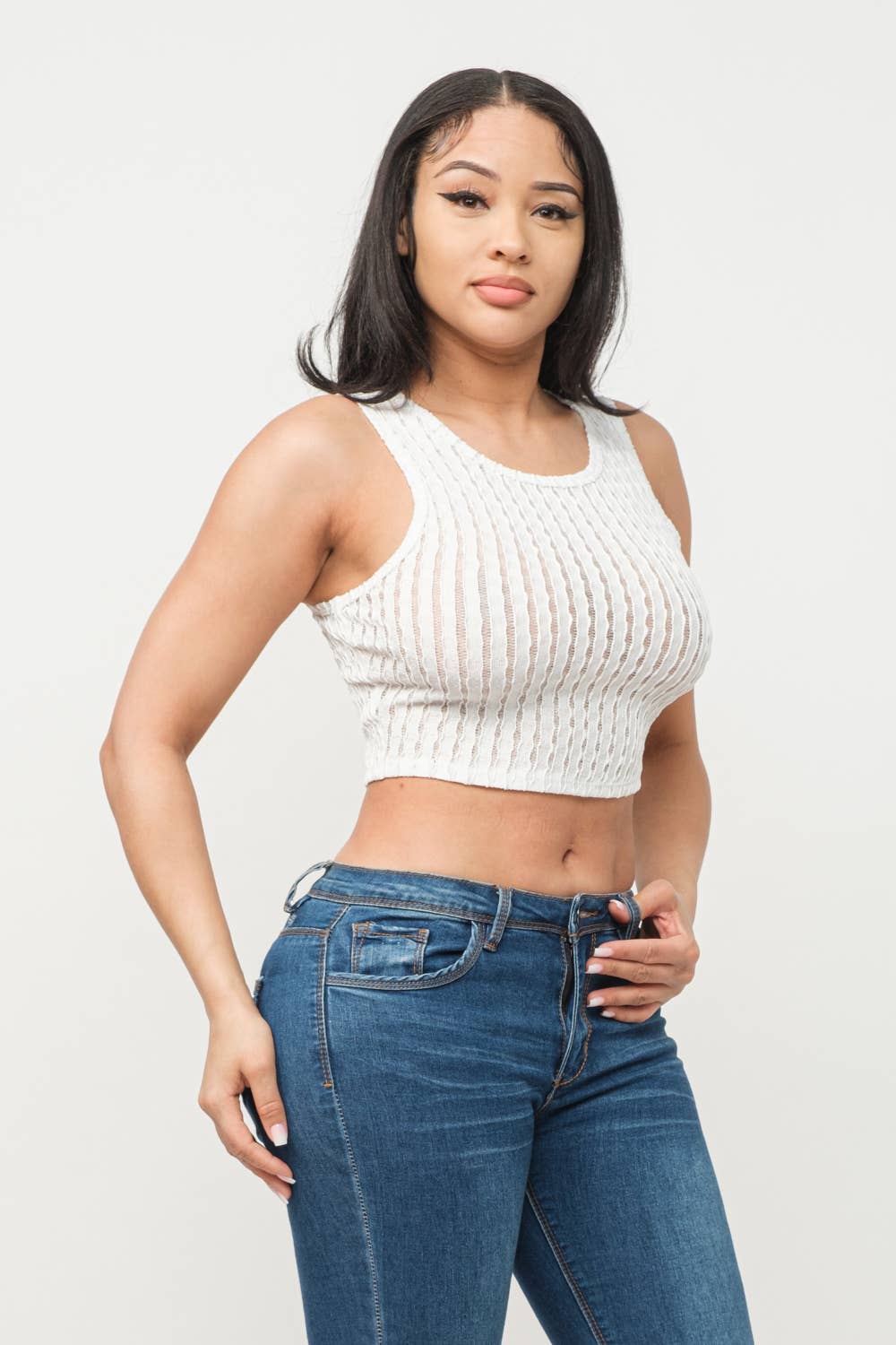 See Through Wavy Texture Knitted Crop Tank Top: White