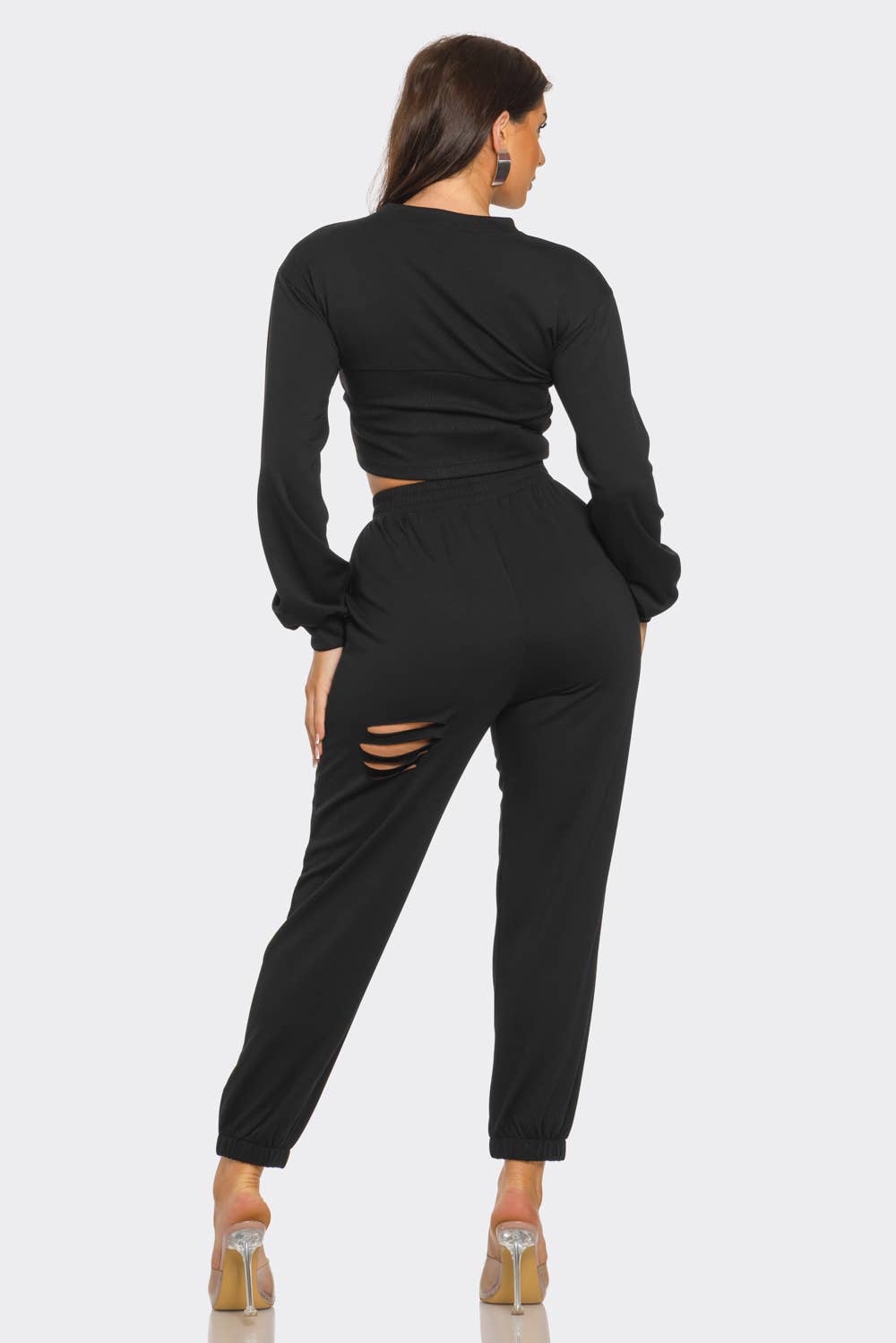 Round Neck Solid Top And Laser Cut Pants Set: Black