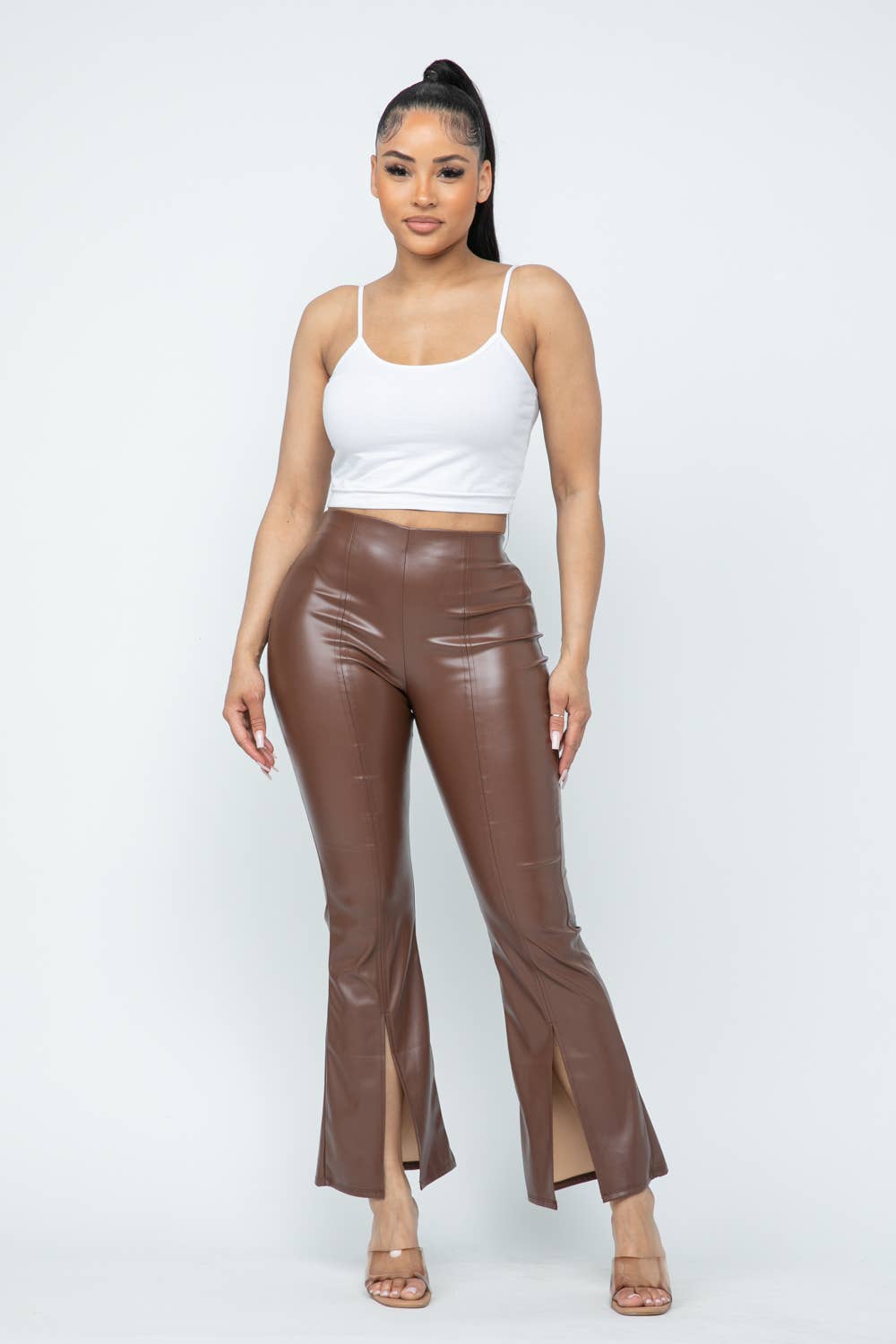 Pu Leather High Waisted Front Slit Hem Back Zipper Pants: Coffee