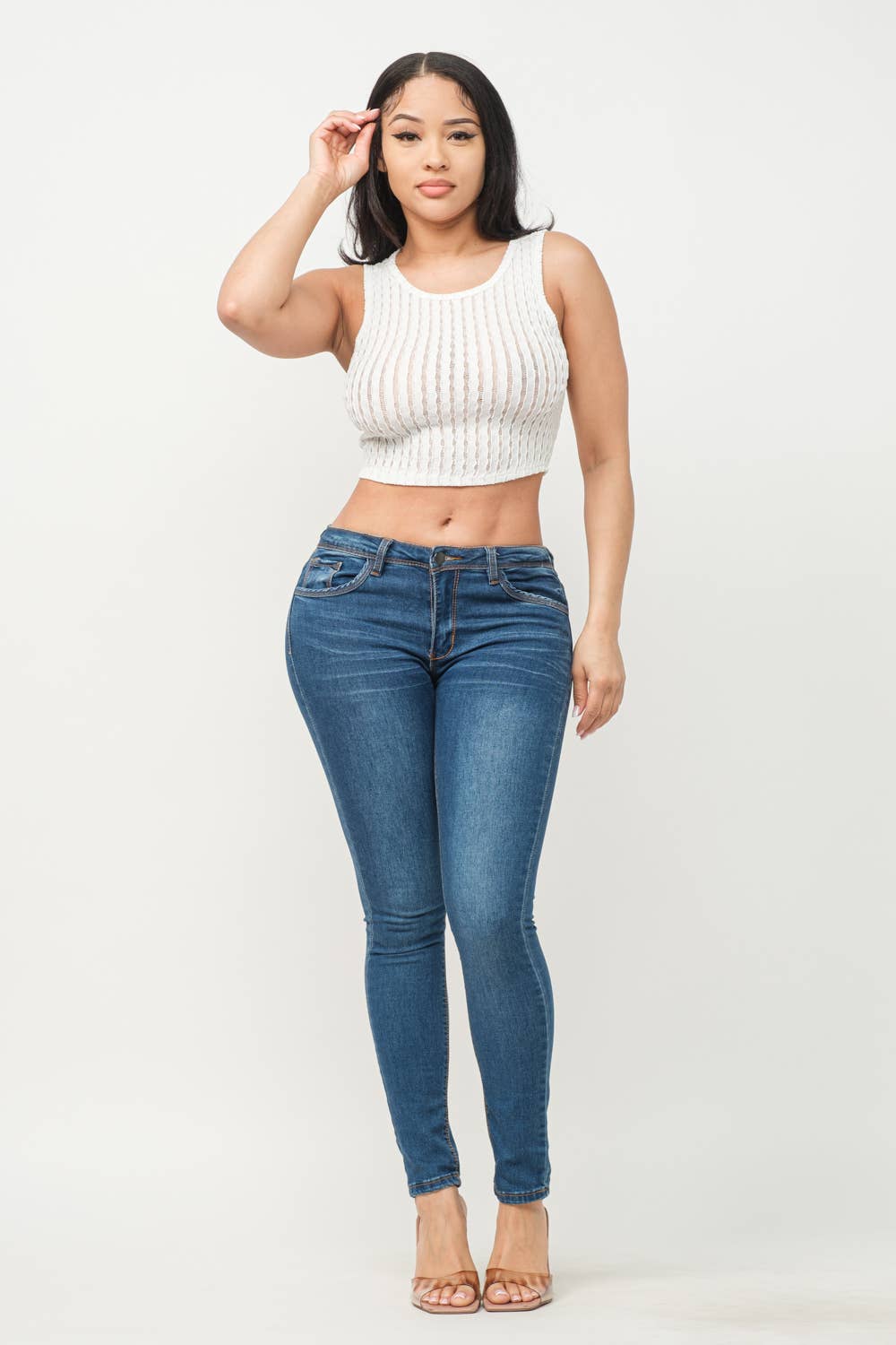 See Through Wavy Texture Knitted Crop Tank Top: White