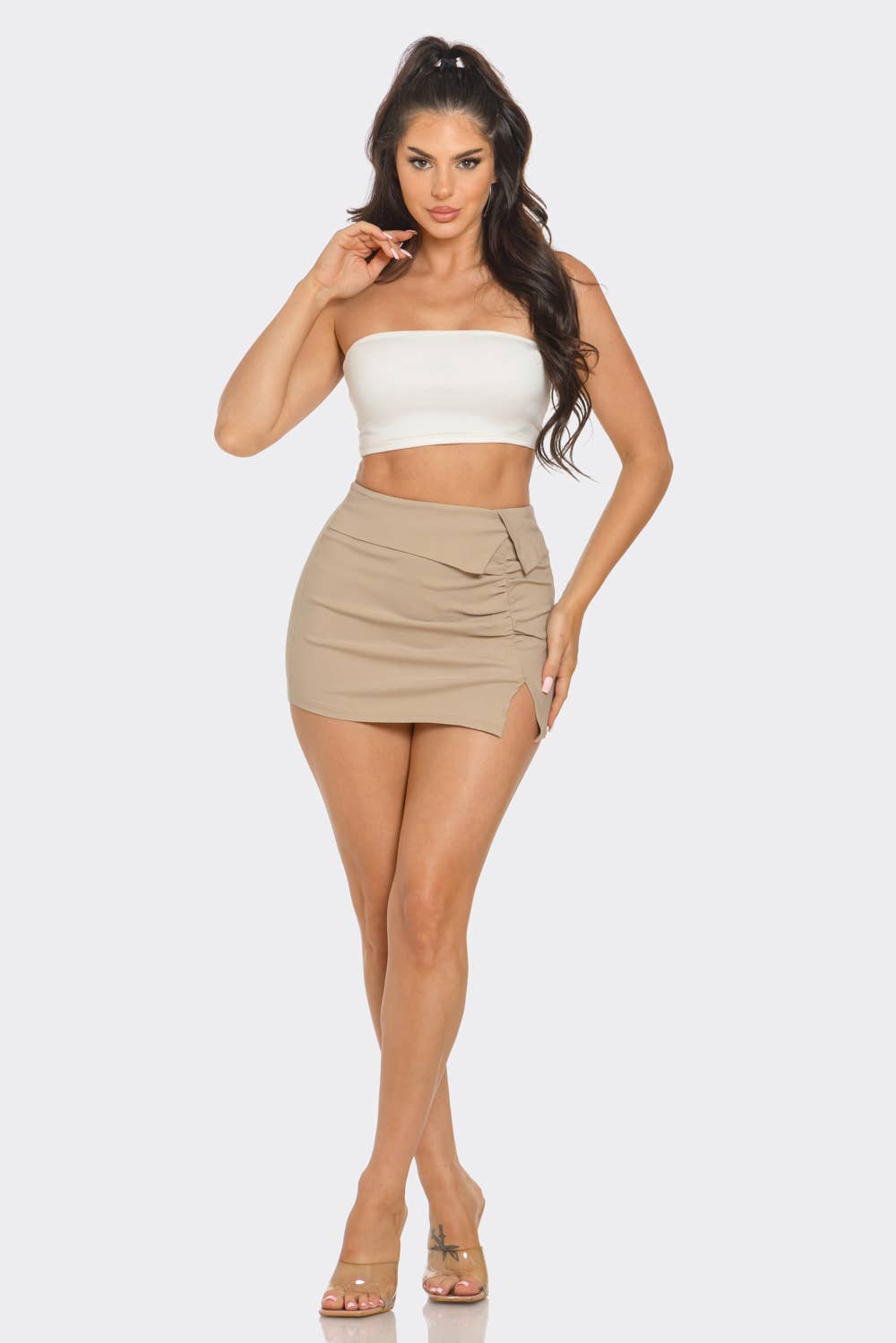 Open Side Shirring Detail Folded Waist Mini Skirt : Taupe