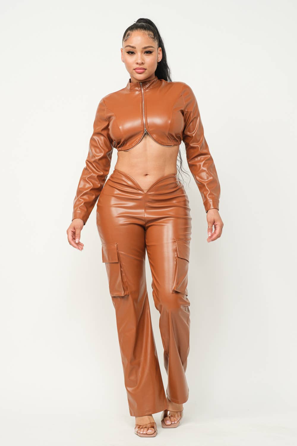 Leather Front V-Cut Side Flap Pocket Cargo Pants: Cognac