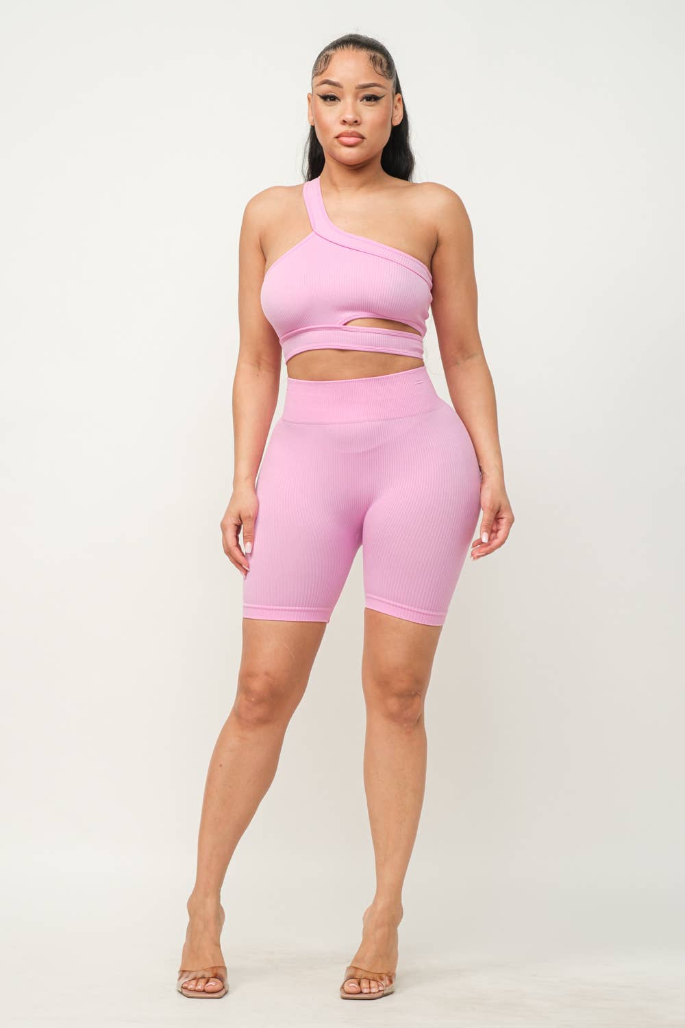 Cut Out One Shoulder Strap Top And Shorts Set: Pink / 3-3 (S/M-L/XL)
