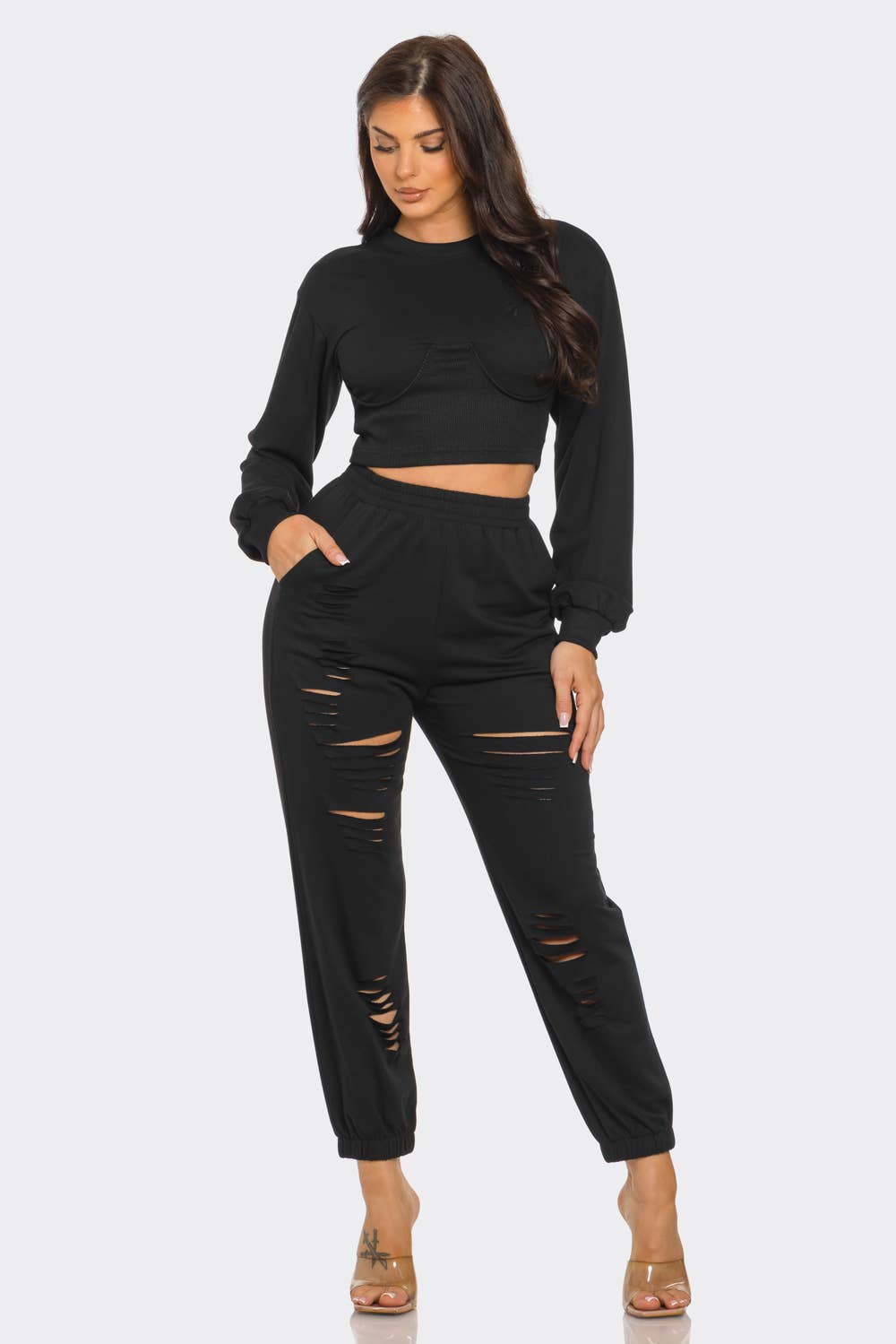Round Neck Solid Top And Laser Cut Pants Set: Black