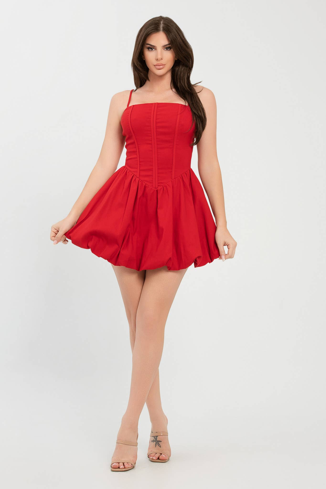 Corset Style Pleated Bubble Mini Dress: White / 2-2-2 (S-M-L)