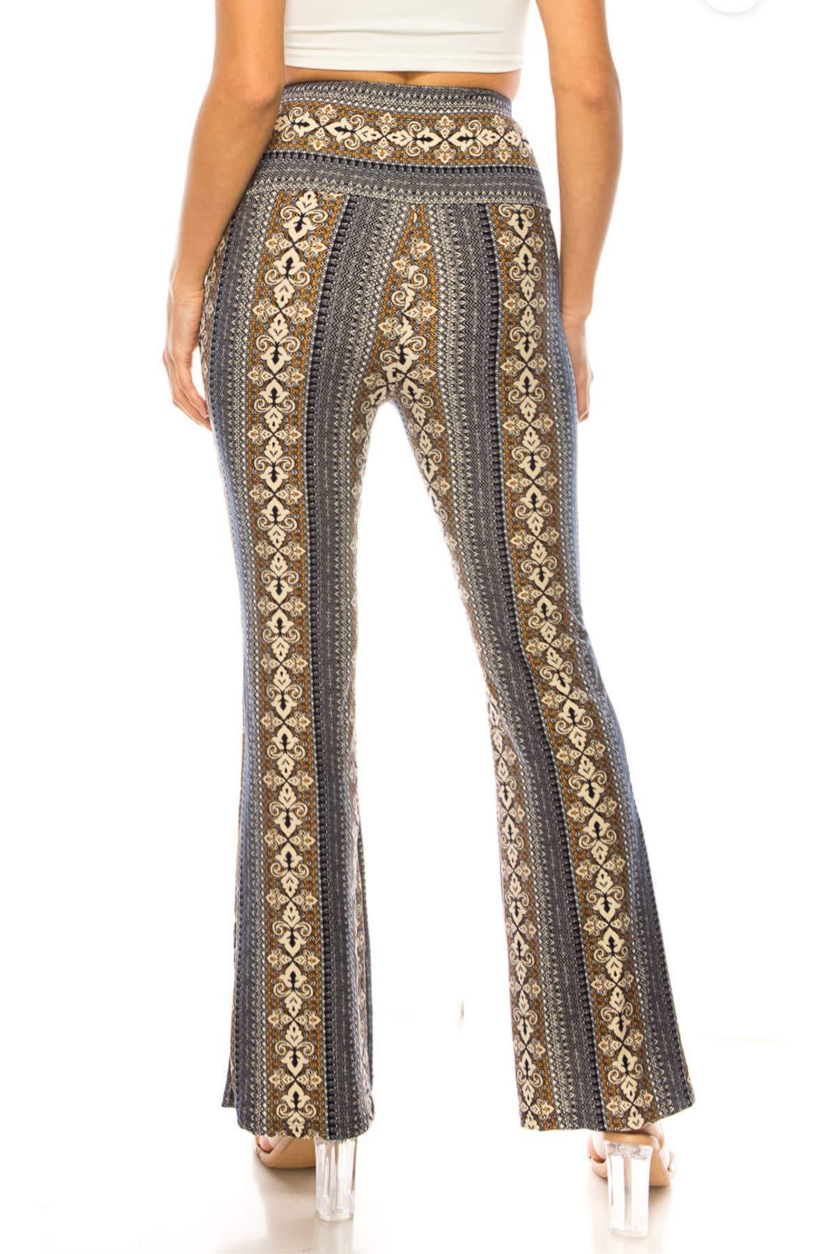 Mocha boho printing high waist soft stretch flare pants