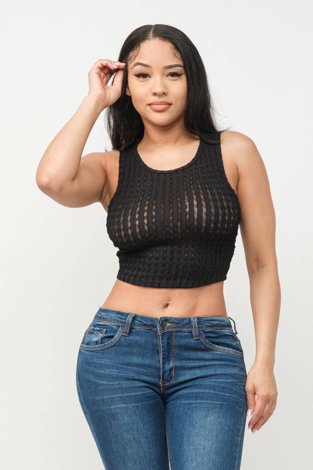 See Through Wavy Texture Knitted Crop Tank Top: Black
