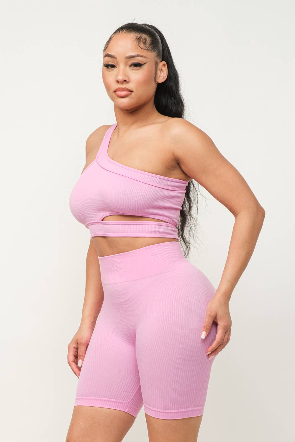 Cut Out One Shoulder Strap Top And Shorts Set: Pink / 3-3 (S/M-L/XL)