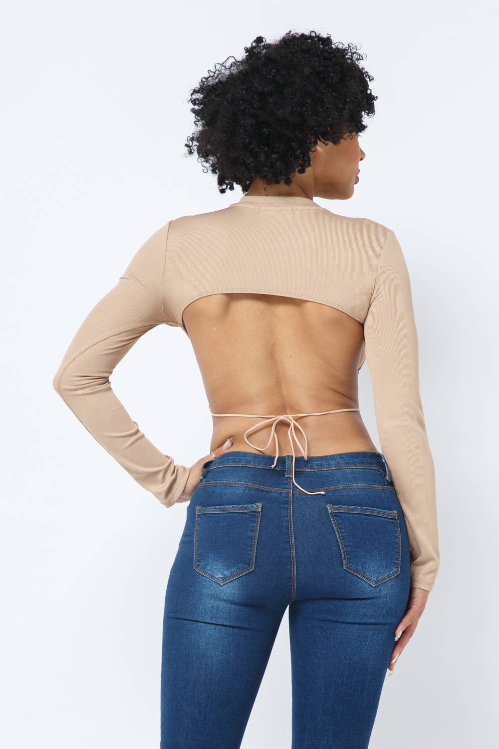 Shoes Patch Open Back Tie Long Sleeve Crop Top: Mocha