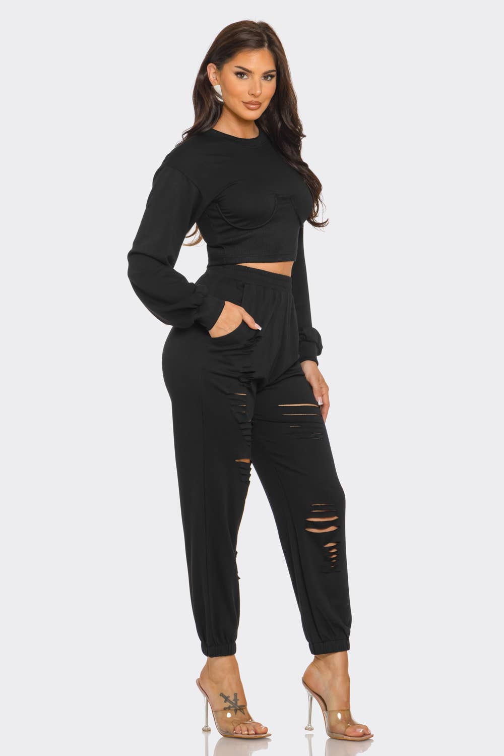 Round Neck Solid Top And Laser Cut Pants Set: Black