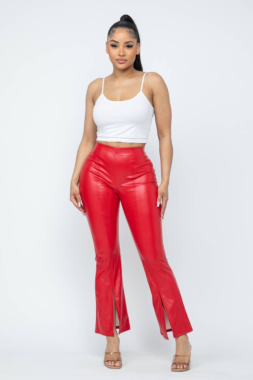 Pu Leather High Waisted Front Slit Hem Back Zipper Pants: Coffee