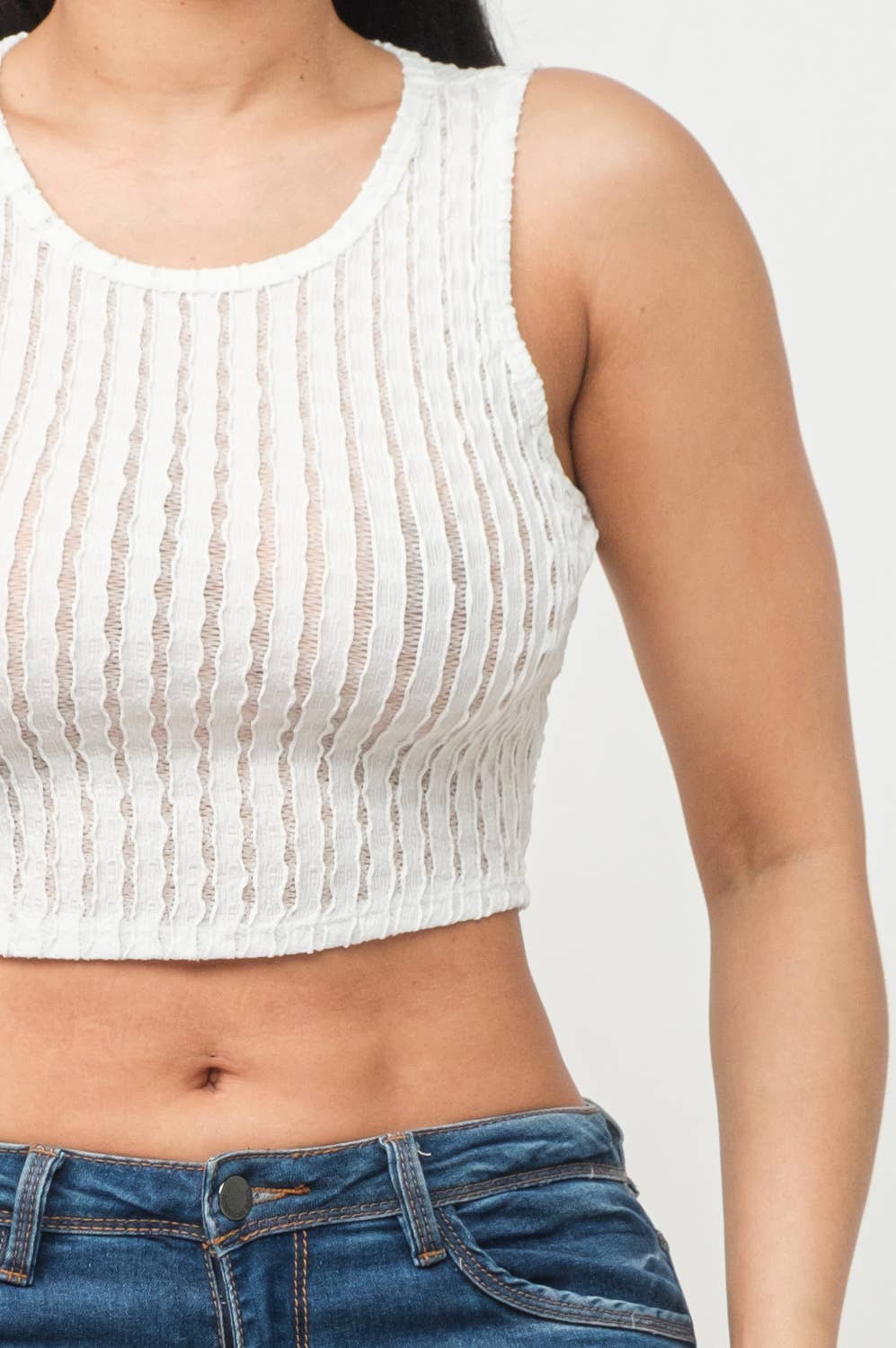 See Through Wavy Texture Knitted Crop Tank Top: White