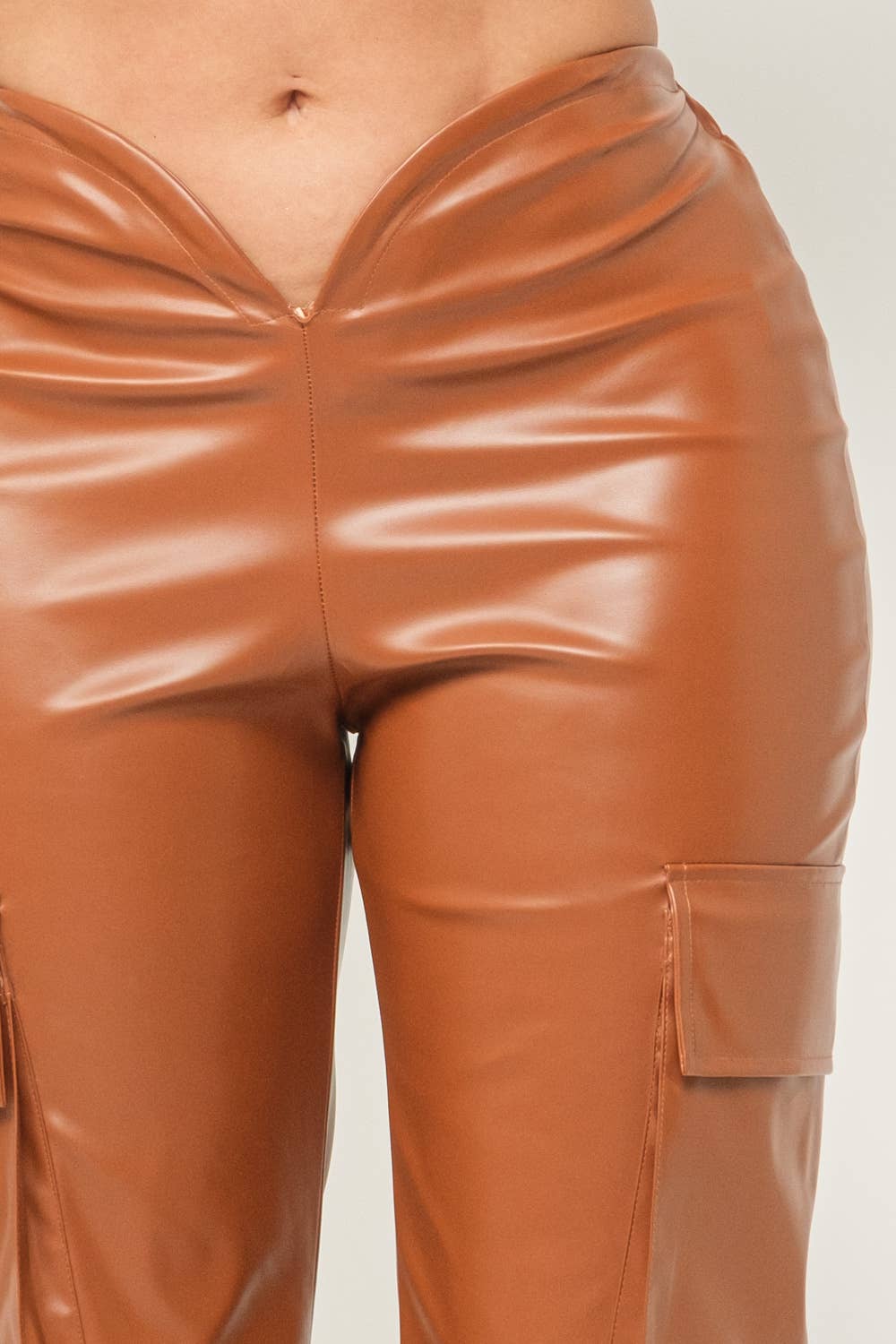 Leather Front V-Cut Side Flap Pocket Cargo Pants: Cognac