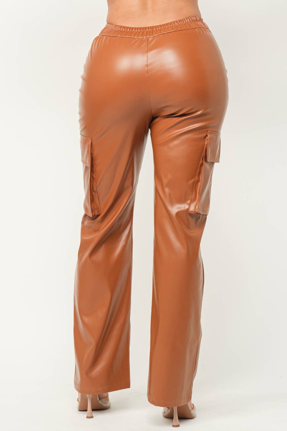Leather Front V-Cut Side Flap Pocket Cargo Pants: Cognac