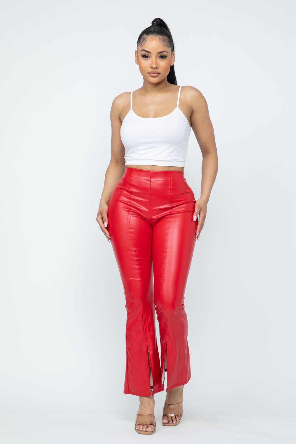 Pu Leather High Waisted Front Slit Hem Back Zipper Pants: Coffee
