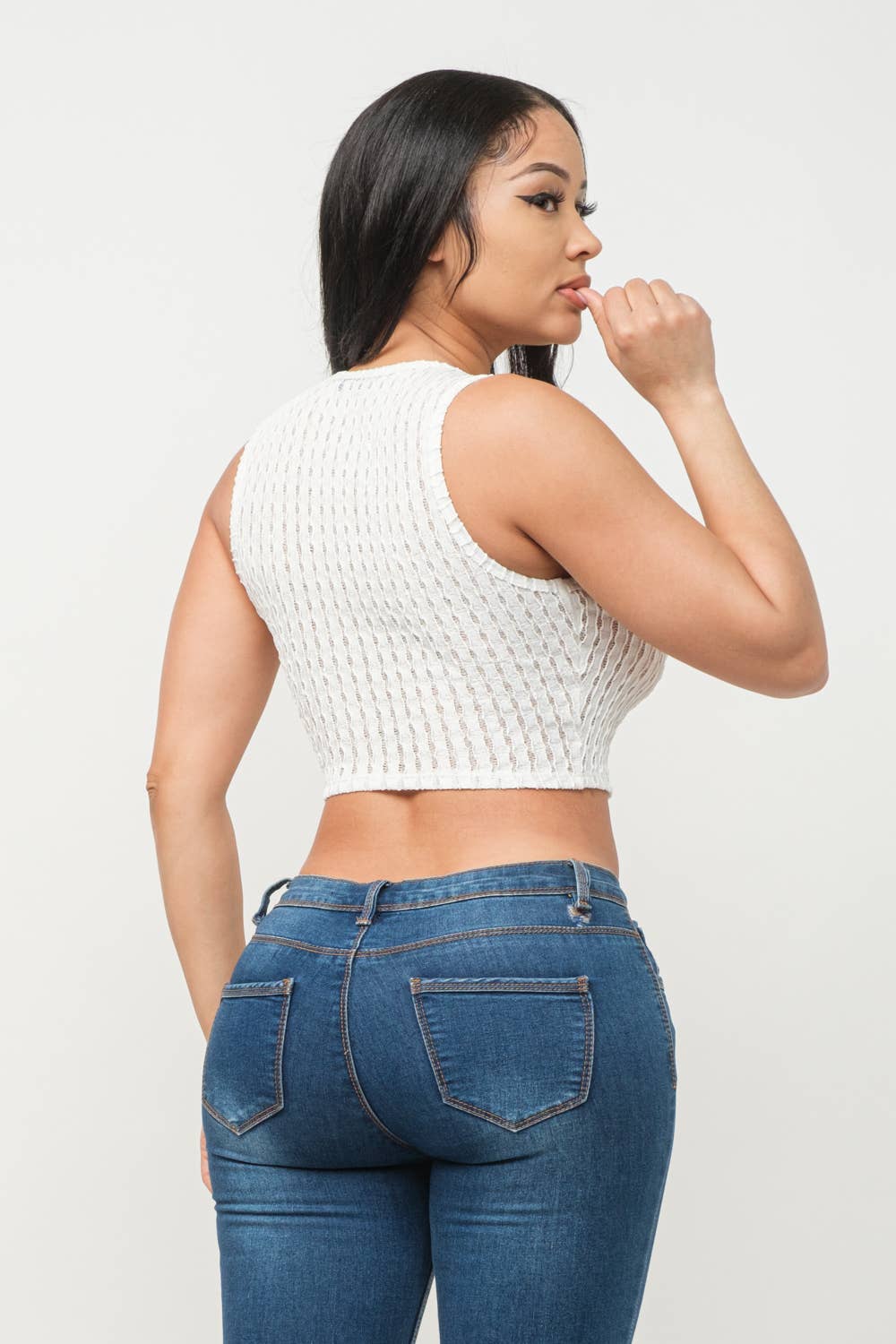 See Through Wavy Texture Knitted Crop Tank Top: White