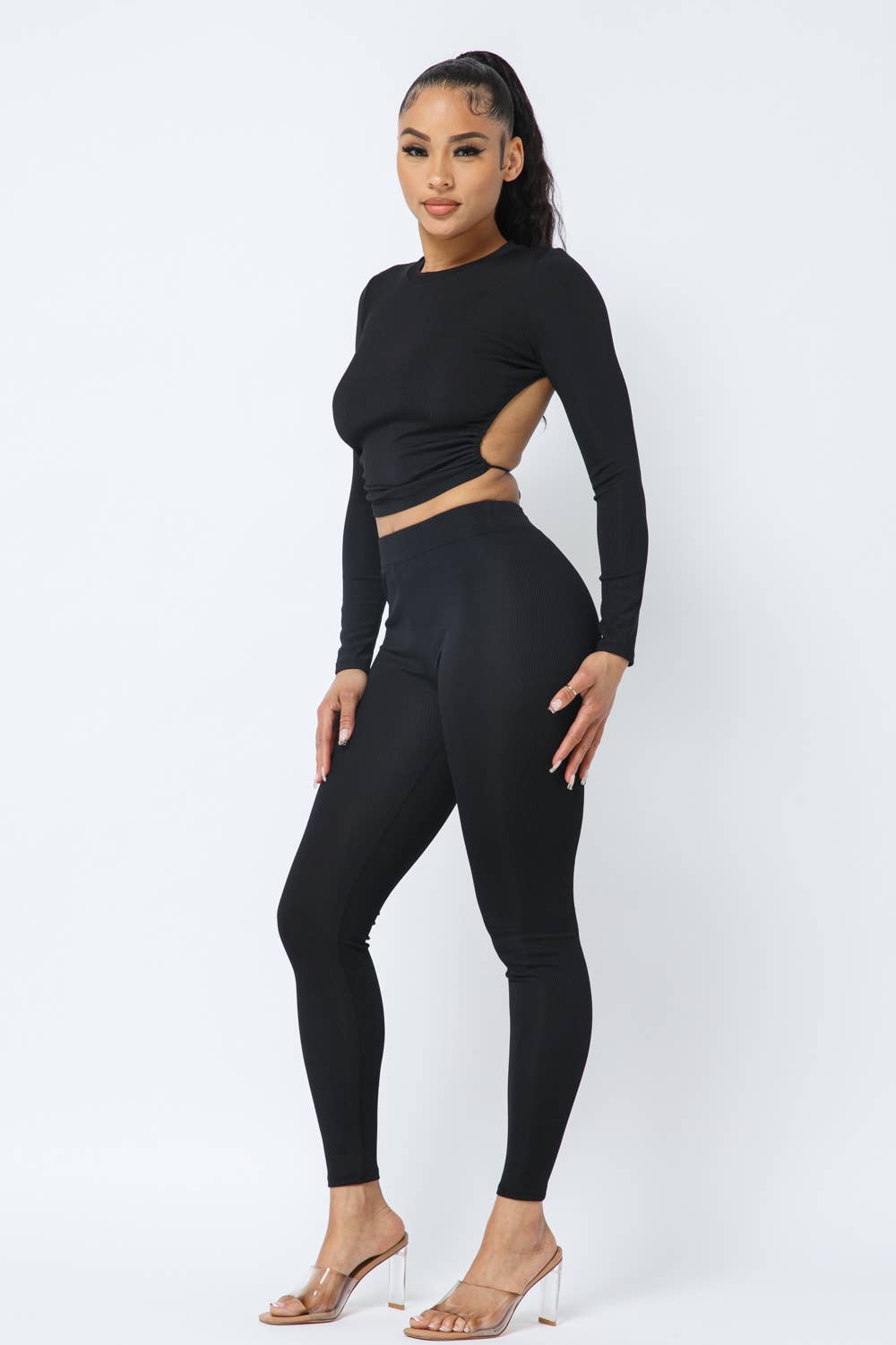 Open Back String Tie Crop Top Leggings Set: Black
