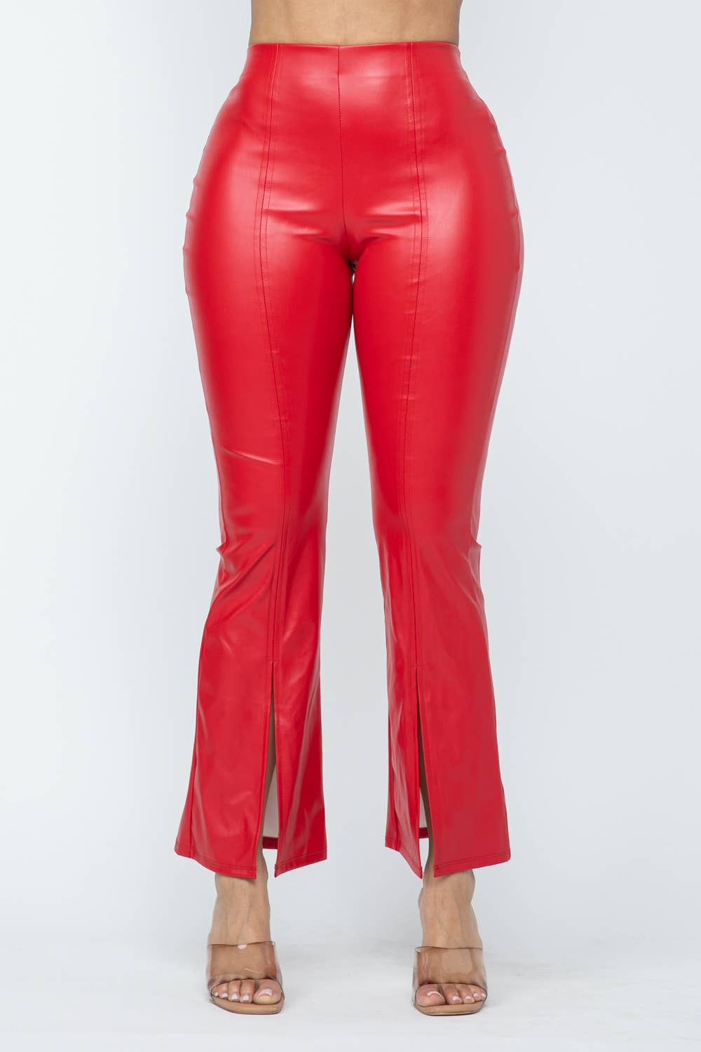 Pu Leather High Waisted Front Slit Hem Back Zipper Pants: Coffee