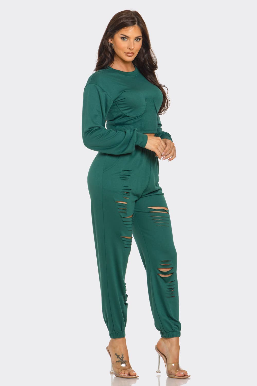 Round Neck Solid Top And Laser Cut Pants Set: Hunter Green