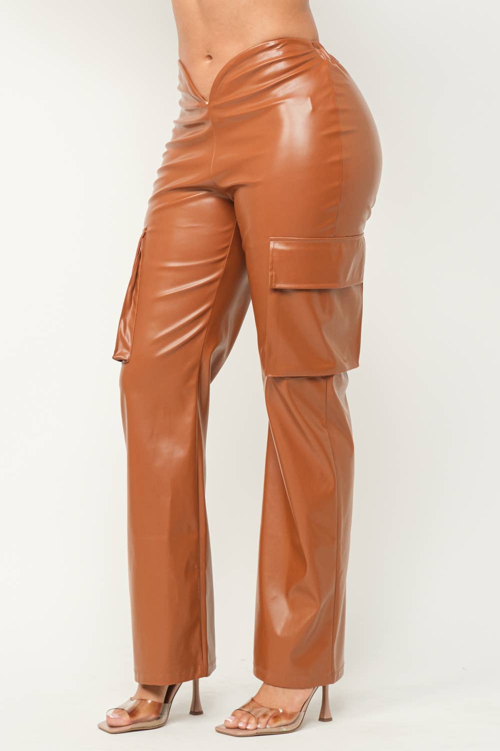 Leather Front V-Cut Side Flap Pocket Cargo Pants: Cognac