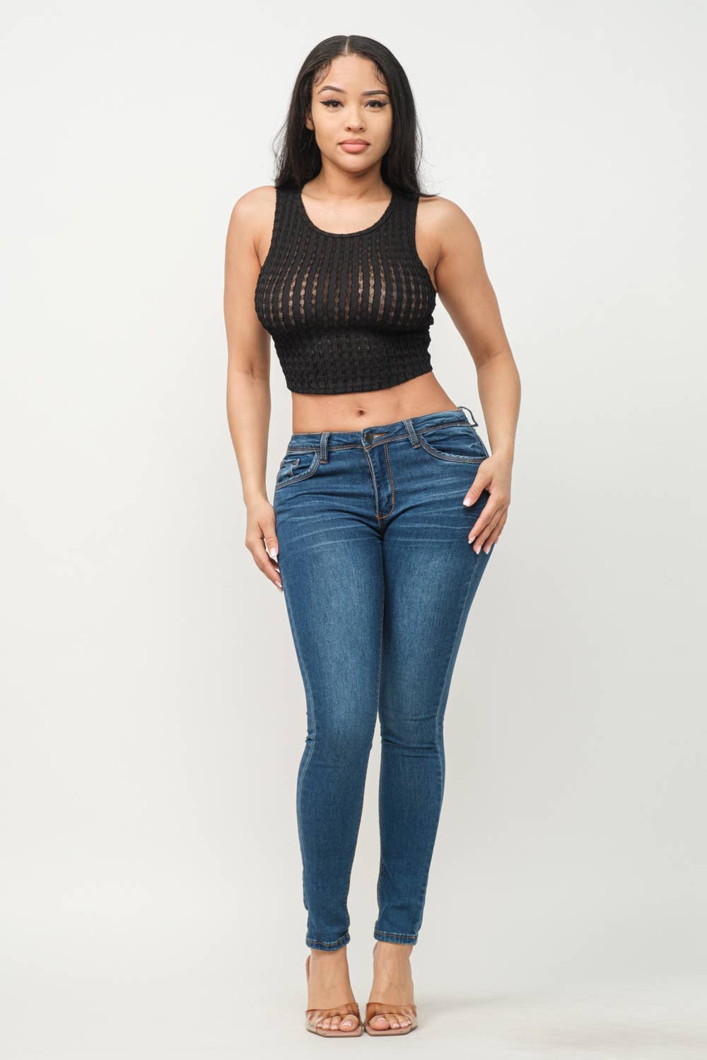See Through Wavy Texture Knitted Crop Tank Top: Black