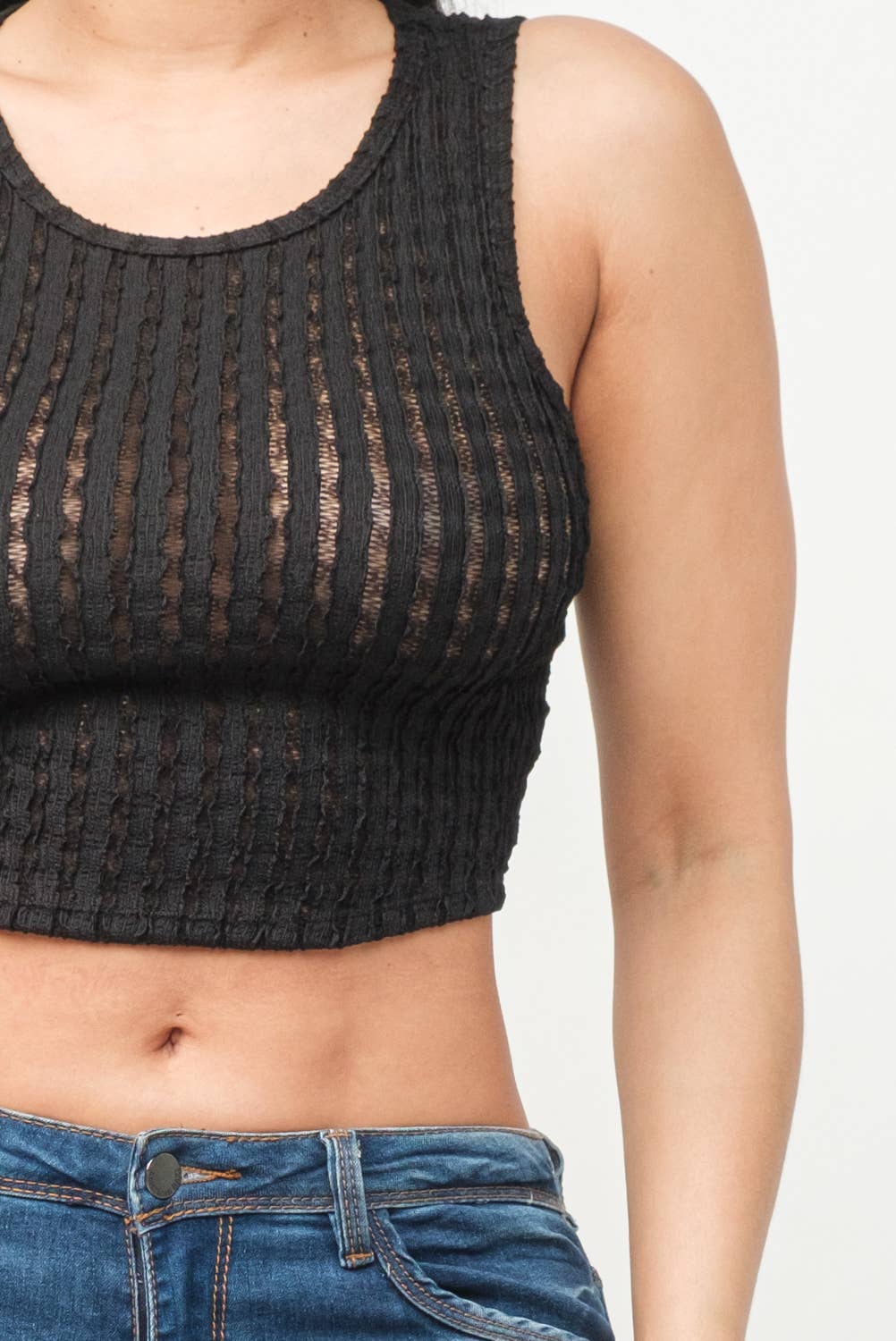 See Through Wavy Texture Knitted Crop Tank Top: Black