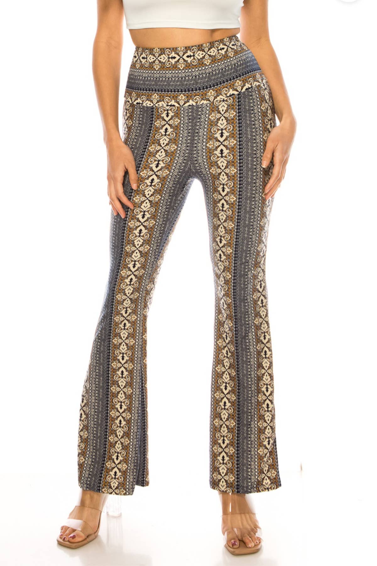 Mocha boho printing high waist soft stretch flare pants