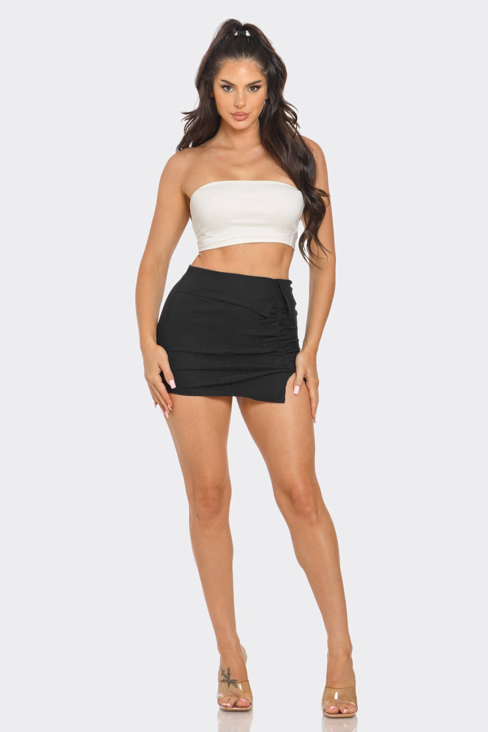 Open Side Shirring Detail Folded Waist Mini Skirt : Black