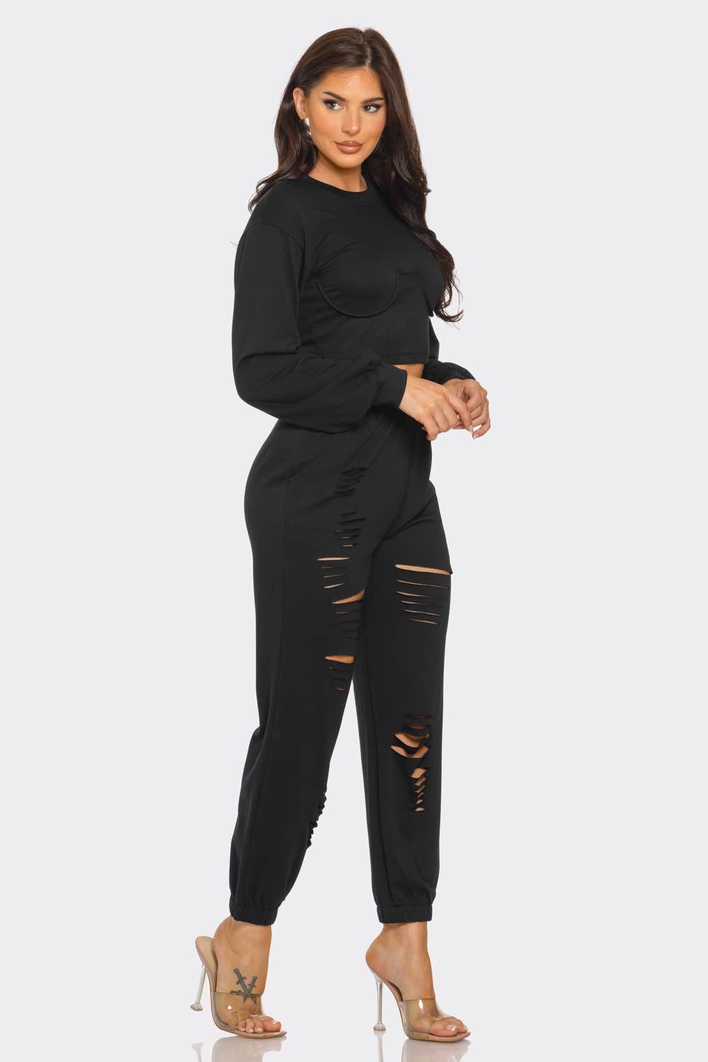 Round Neck Solid Top And Laser Cut Pants Set: Black