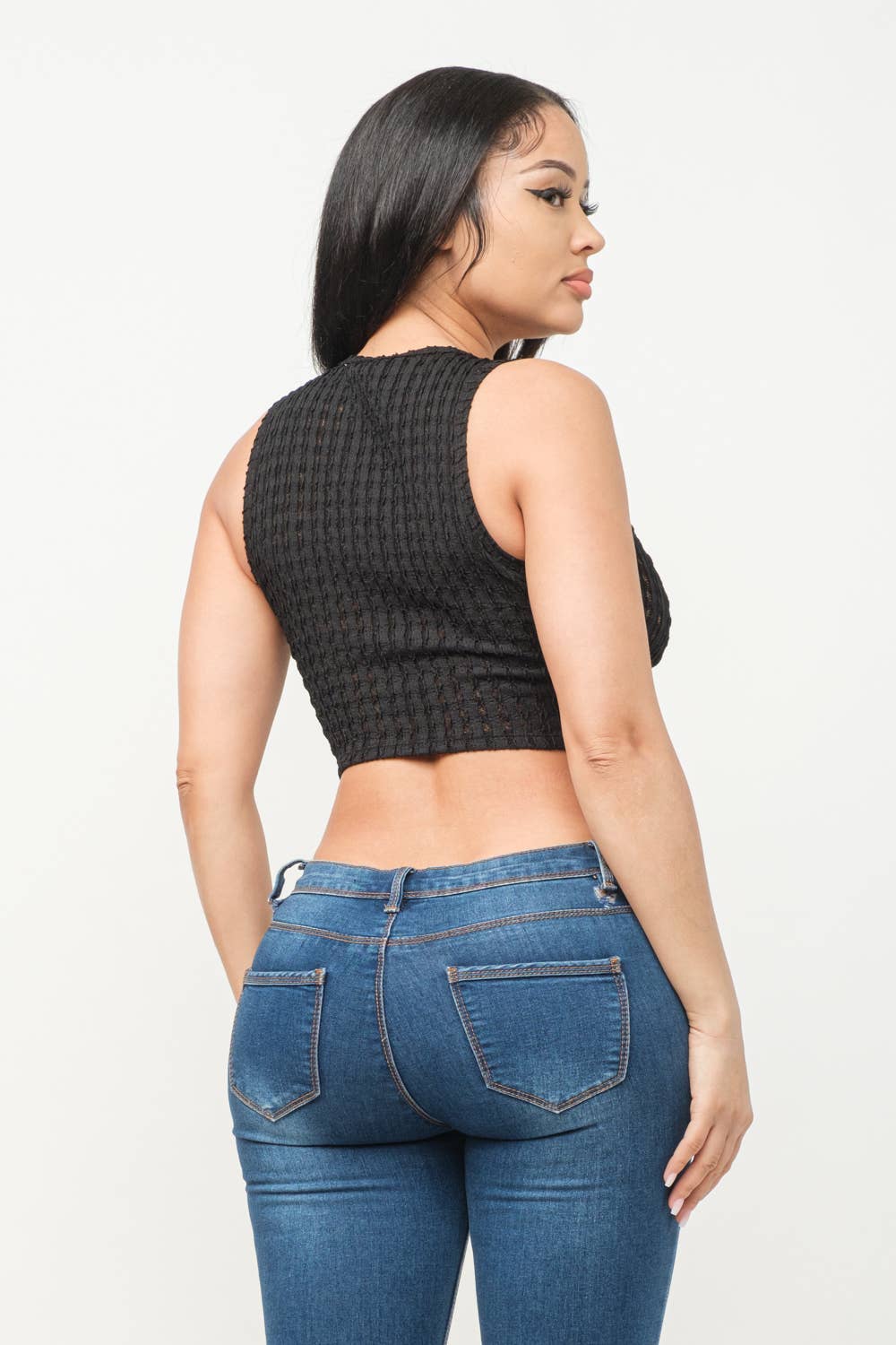 See Through Wavy Texture Knitted Crop Tank Top: Black