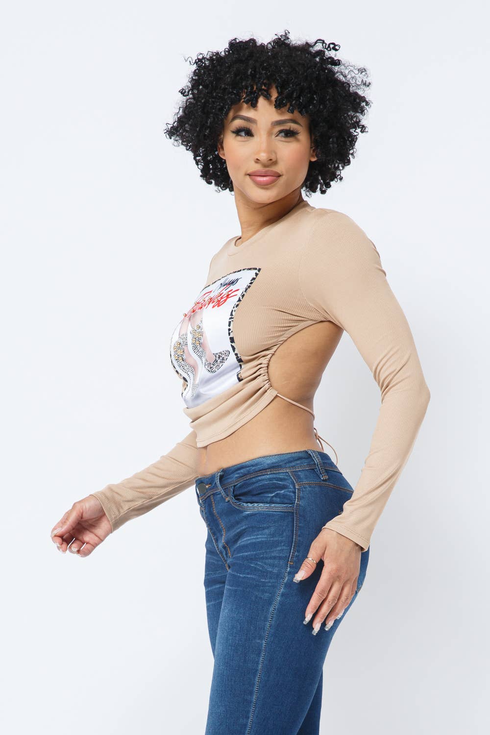 Shoes Patch Open Back Tie Long Sleeve Crop Top: Mocha