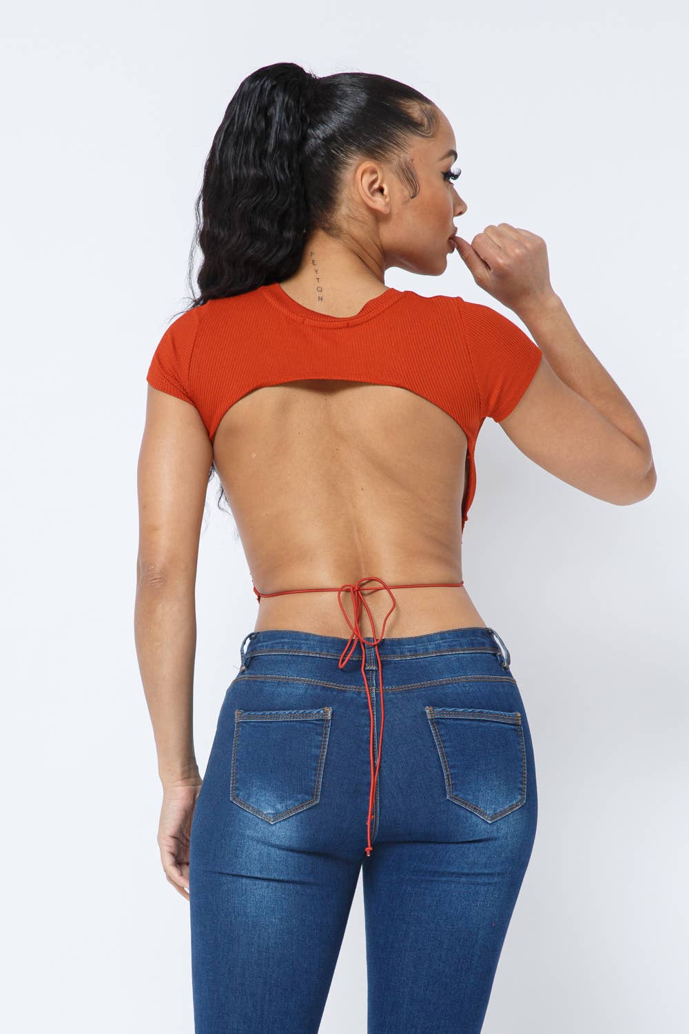 Rib Open Back String Tie Crop Top: Rust
