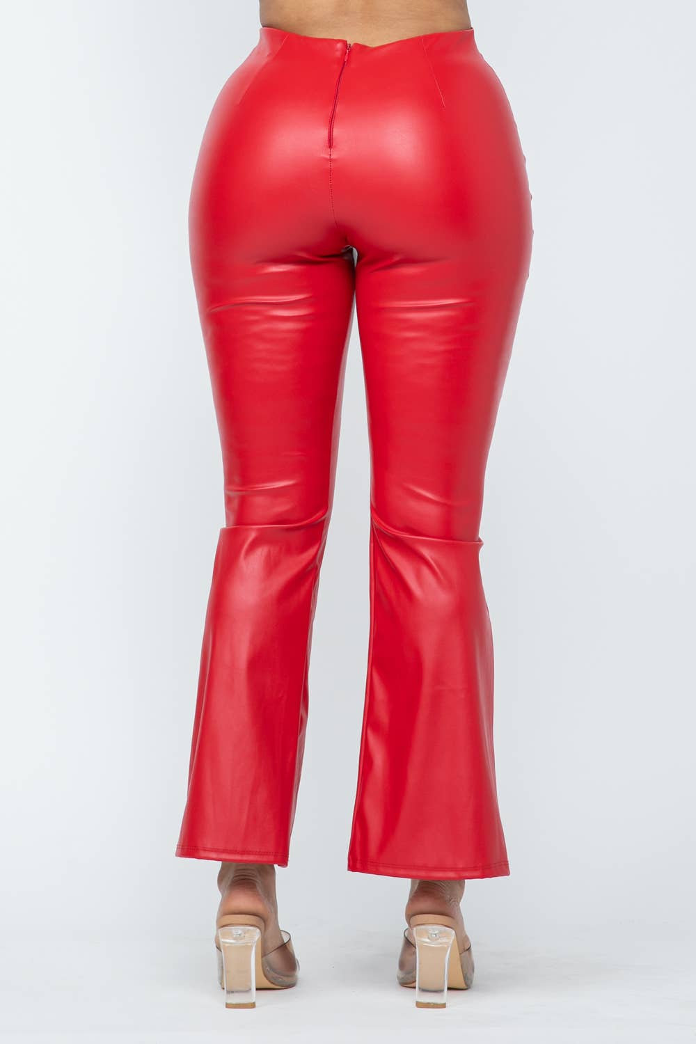 Pu Leather High Waisted Front Slit Hem Back Zipper Pants: Coffee