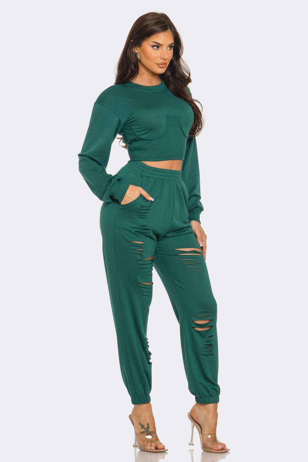 Round Neck Solid Top And Laser Cut Pants Set: Hunter Green