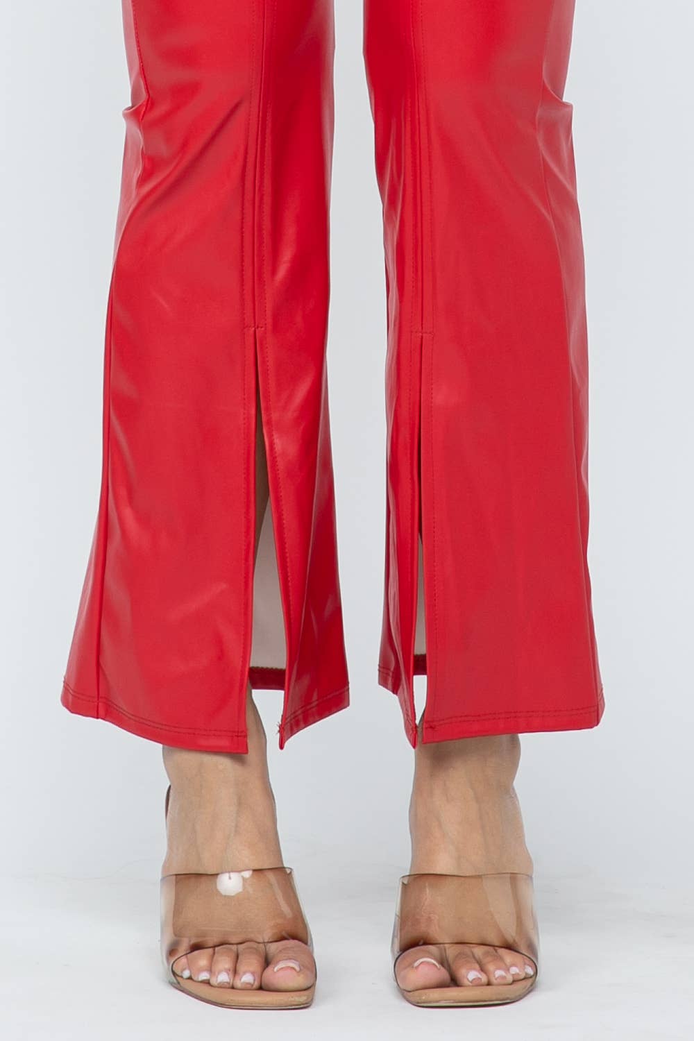 Pu Leather High Waisted Front Slit Hem Back Zipper Pants: Coffee