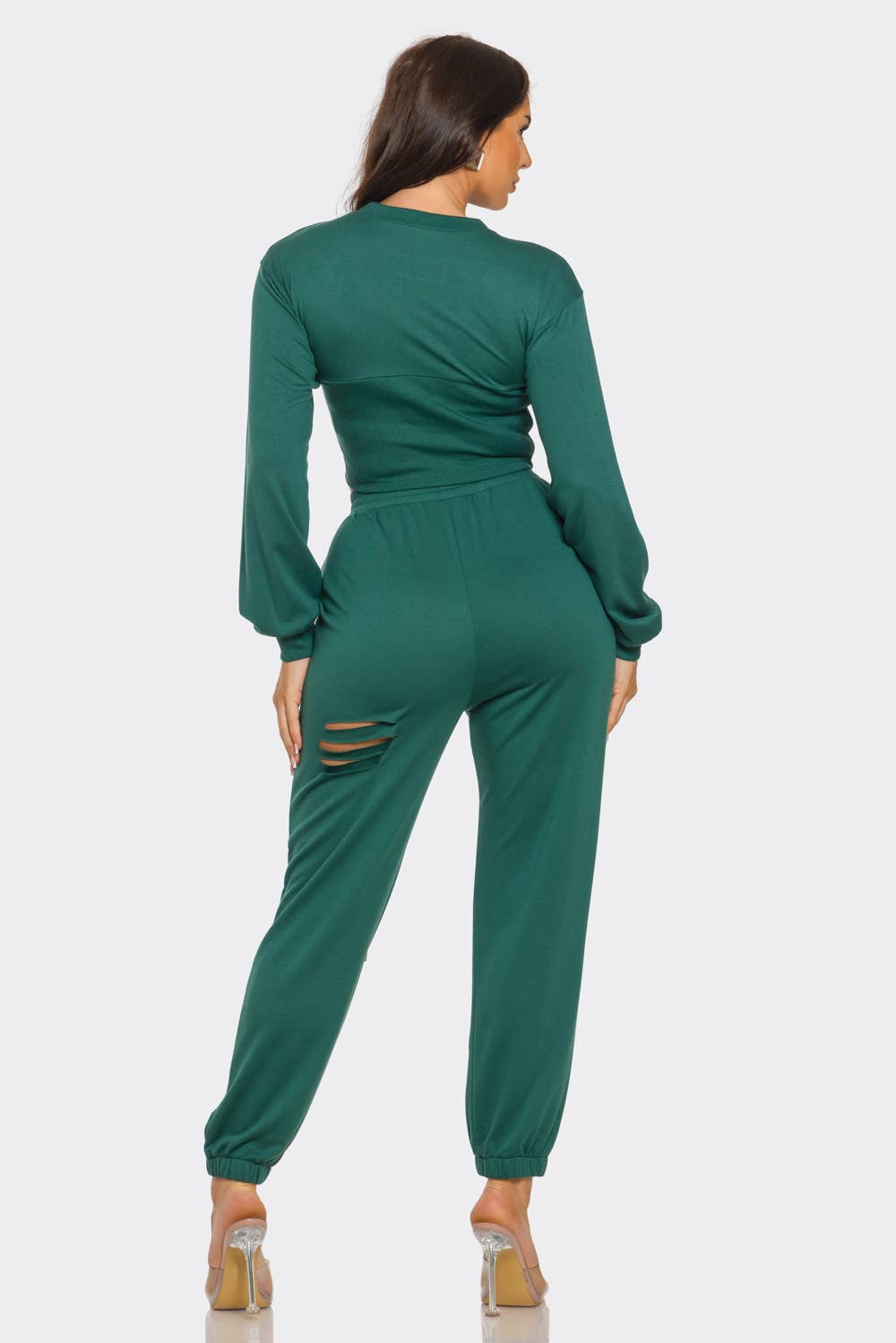 Round Neck Solid Top And Laser Cut Pants Set: Hunter Green