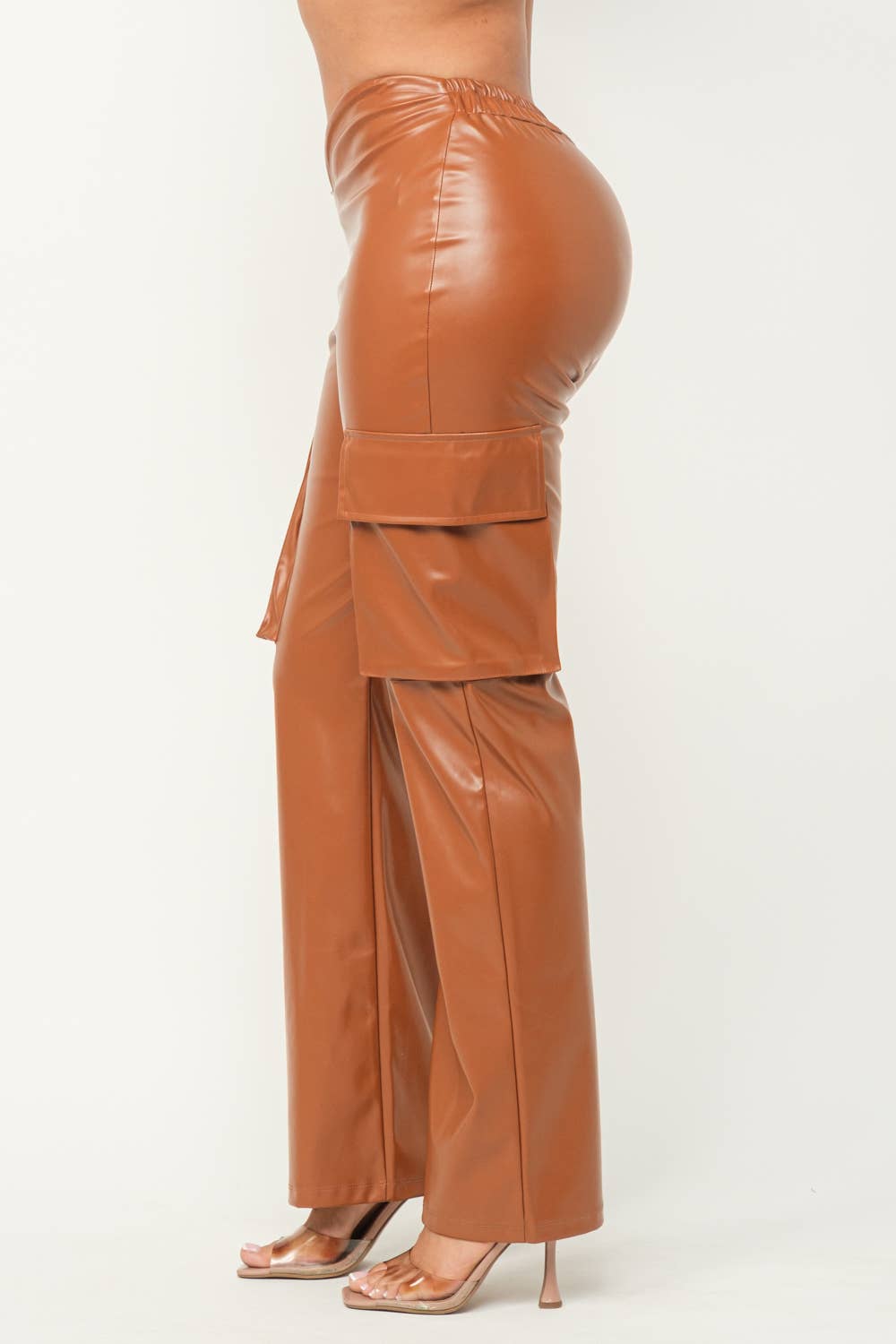 Leather Front V-Cut Side Flap Pocket Cargo Pants: Cognac