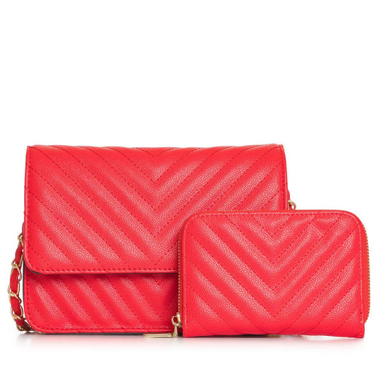 CV20142 LADIES CHEVRON CROSSBODY PURSE WITH WALLET: Red