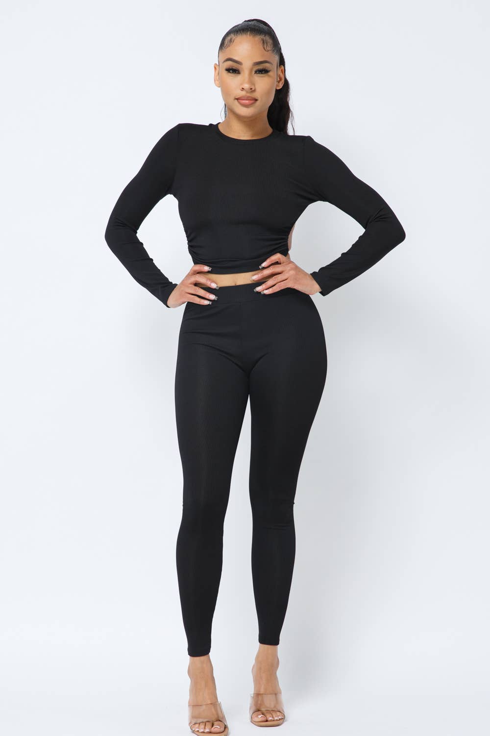 Open Back String Tie Crop Top Leggings Set: Black