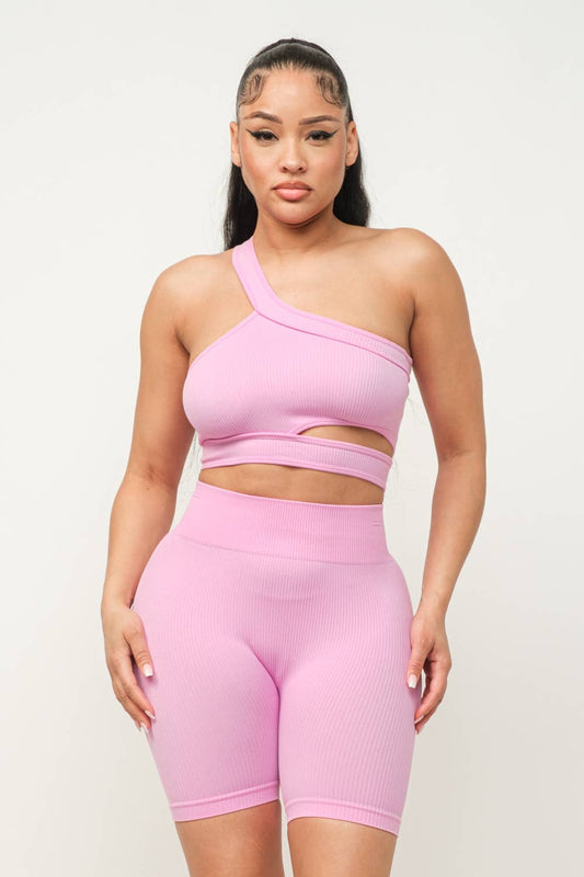 Cut Out One Shoulder Strap Top And Shorts Set: Pink / 3-3 (S/M-L/XL)