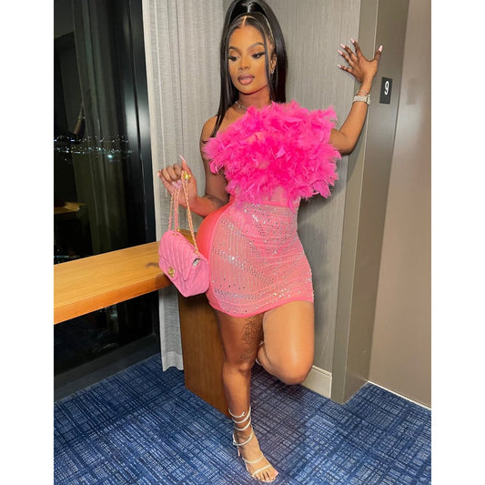 Summer Women Clothing Sexy Feather Mesh Drilling Chest Wrapped Dress Women