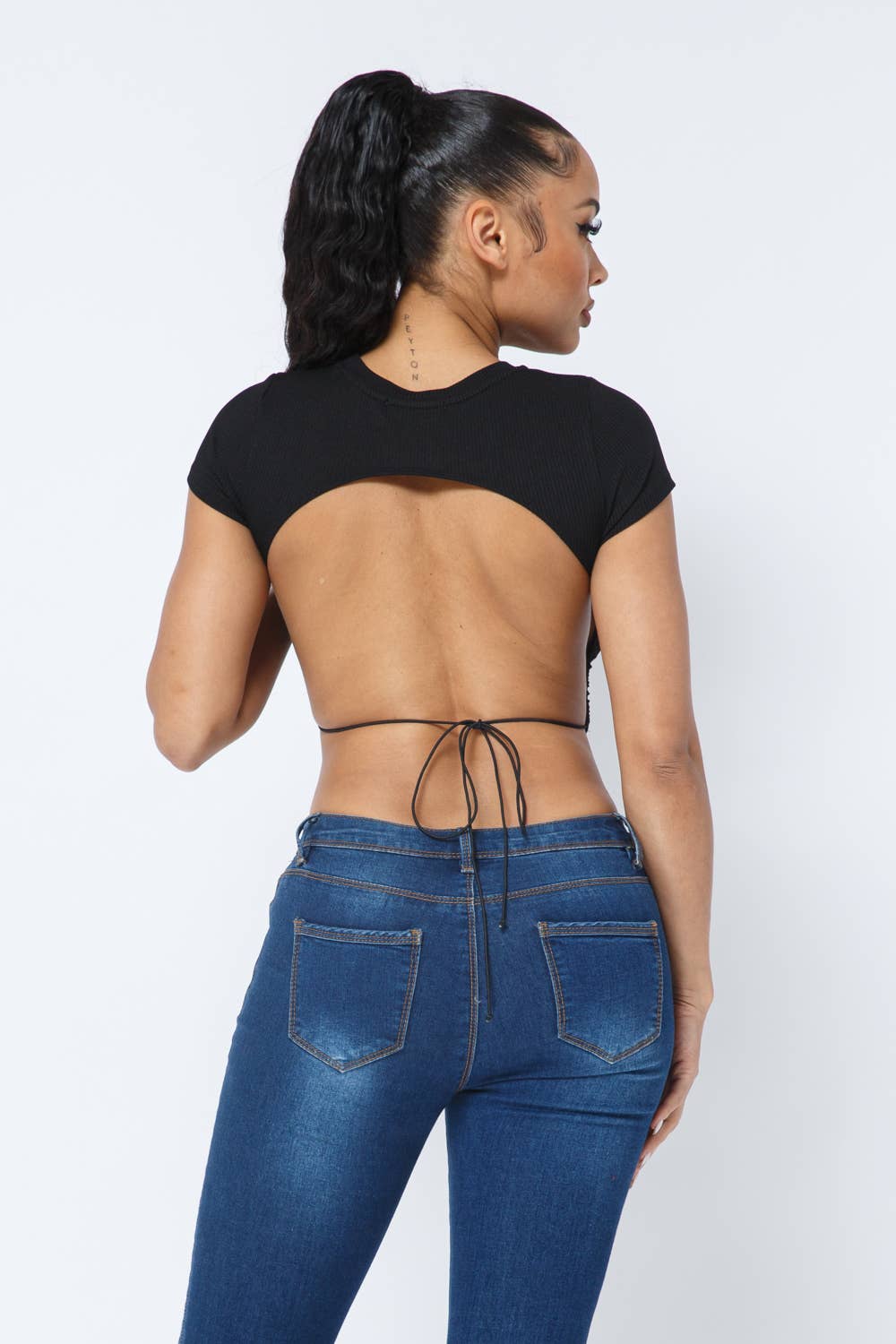 Rib Open Back String Tie Crop Top: Black