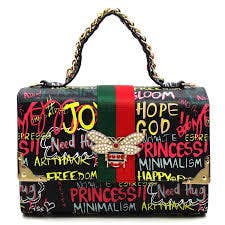 GP2728W Multi Graffiti Queen Bee Stripe 2-in-1 Boxy Satche: Blue