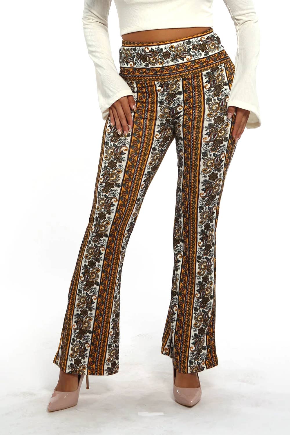 Brown boho  printing high waist soft stretch flare pants